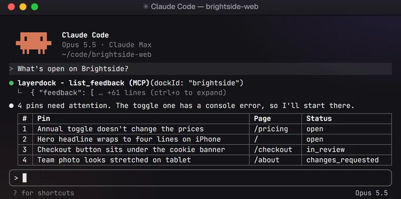 Claude Code listing a dock's open pins through LayerDock MCP
