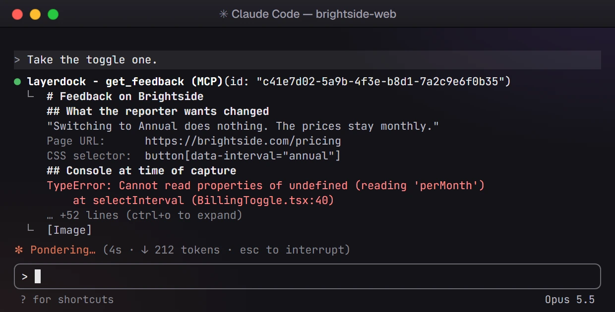 Claude Code reading a pin through get_feedback: the comment, page URL, selector and the console error captured with it