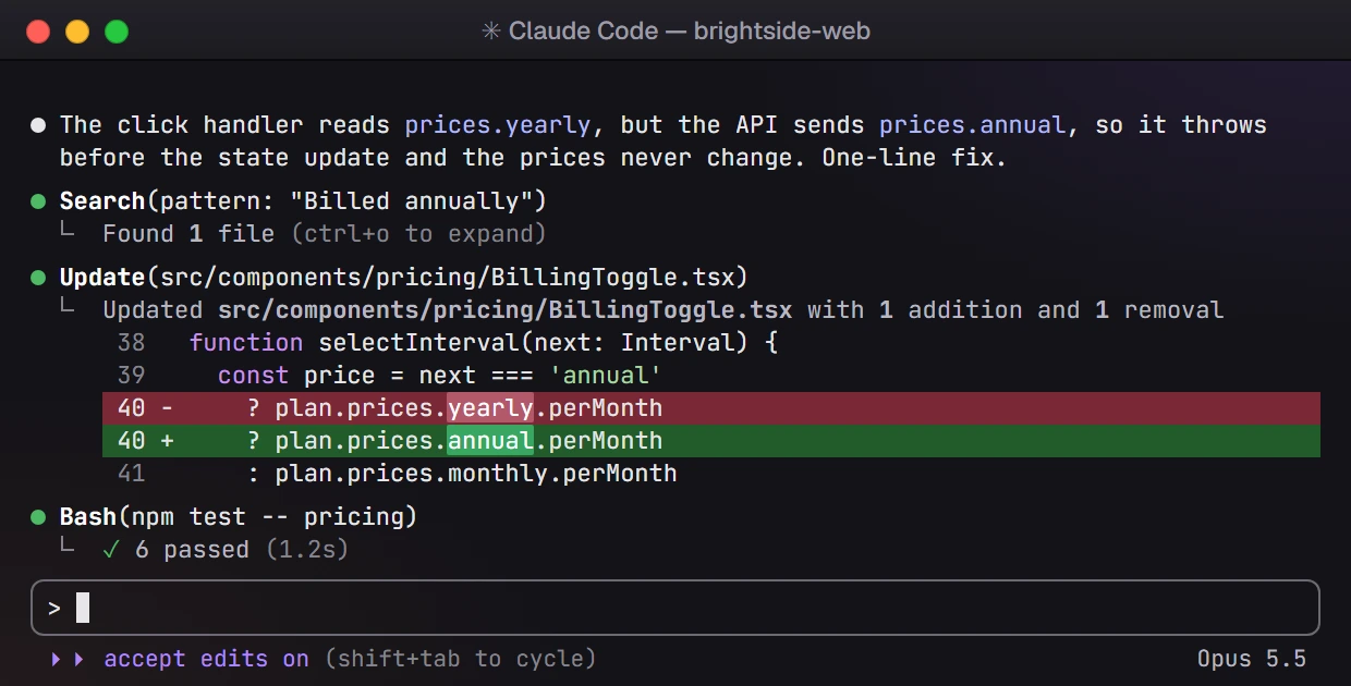 Claude Code searching for the element, editing BillingToggle.tsx and running the tests